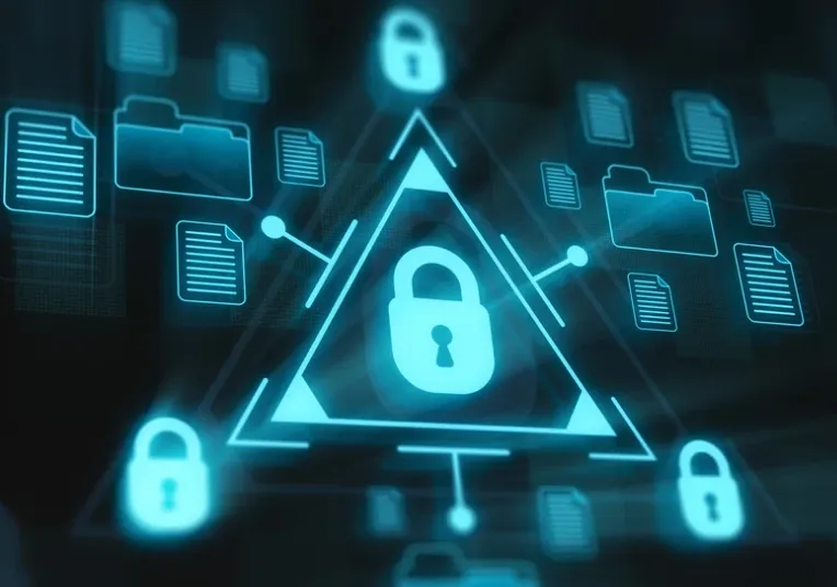 Padlock icons surrounded by digital files