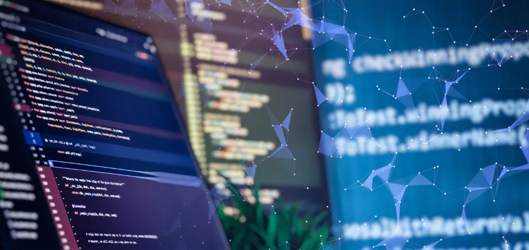 Code on computer screens with a network overlay