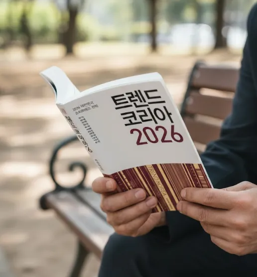 A person on a park bench reading Trend Korea 2026