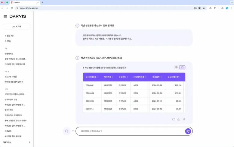 DARVIS chat screen returning production order data as a table