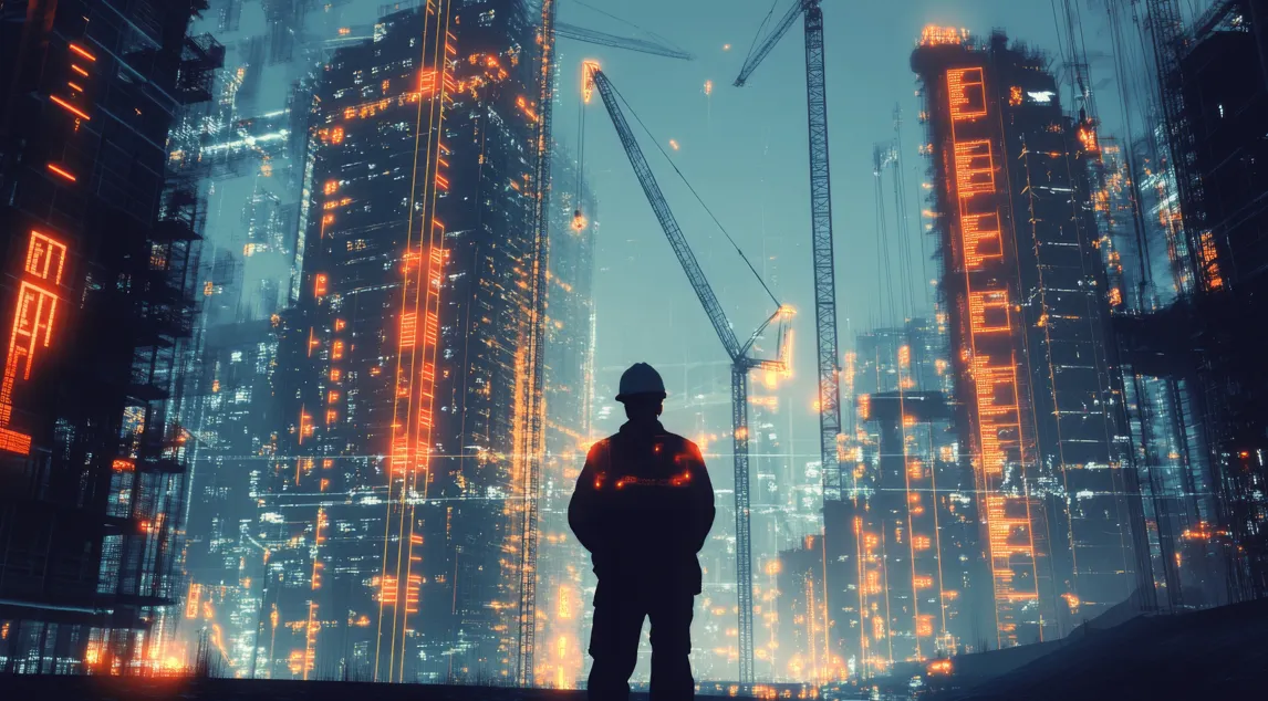 Construction worker silhouetted against a digitally lit construction site