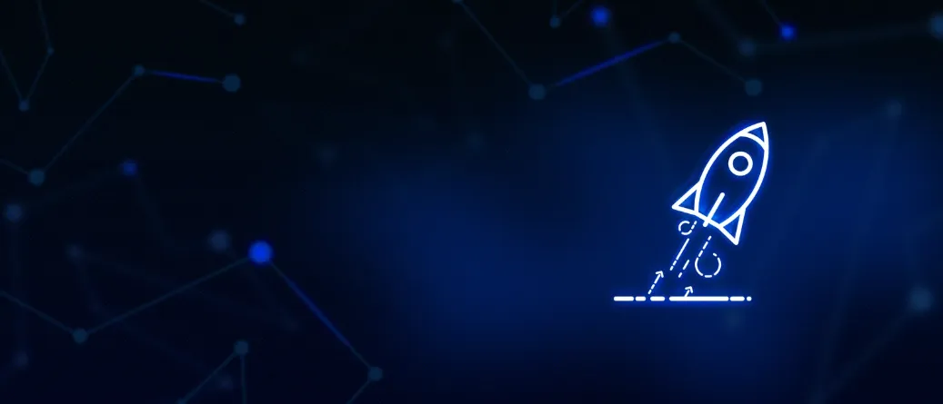 Rocket icon launching on a dark network background