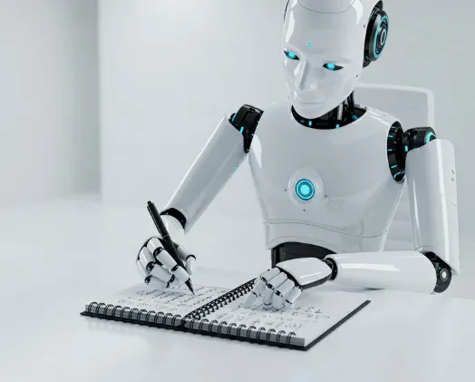Humanoid robot writing in a notebook