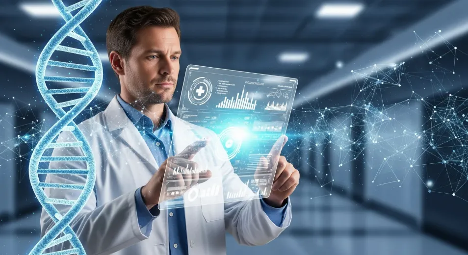 Doctor using a holographic medical data screen