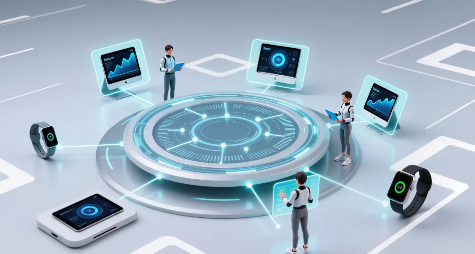 Illustration of people around a central AI platform connected to devices