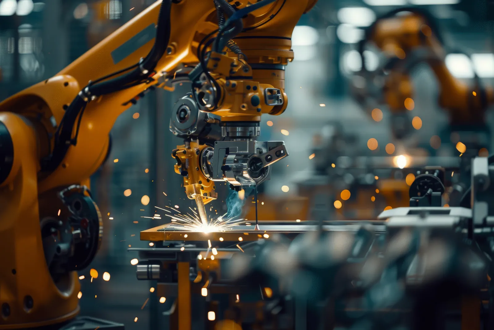 Robotic arm welding on a factory line