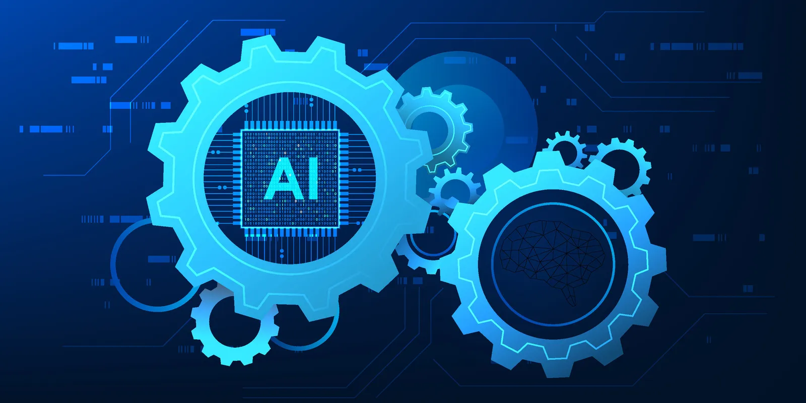 Gears labeled AI and a brain on a circuit background