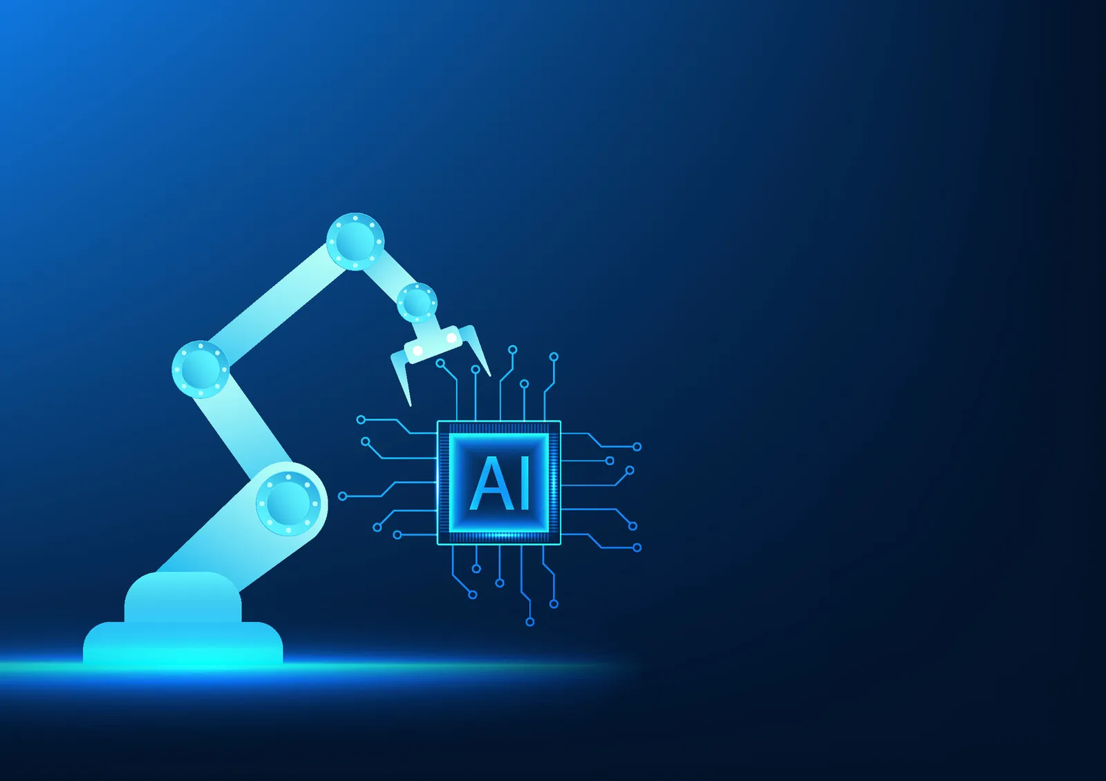 Robotic arm next to a chip labeled AI