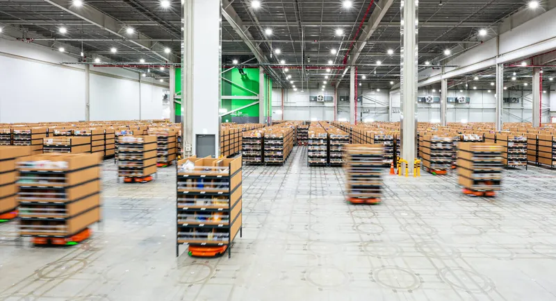 Robots moving shelves inside a Coupang fulfillment center