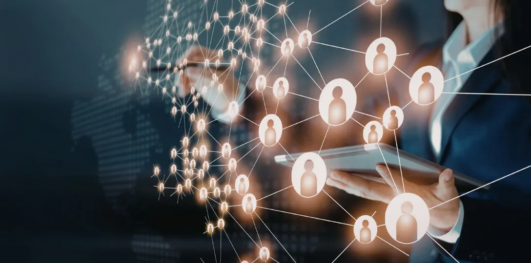 Network of connected people icons representing data connection
