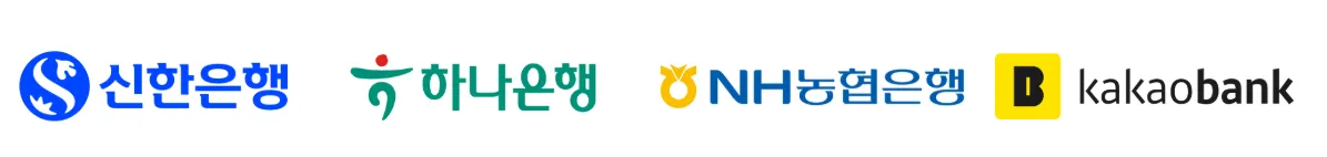 Logos of Shinhan Bank, Hana Bank, NH NongHyup Bank and KakaoBank