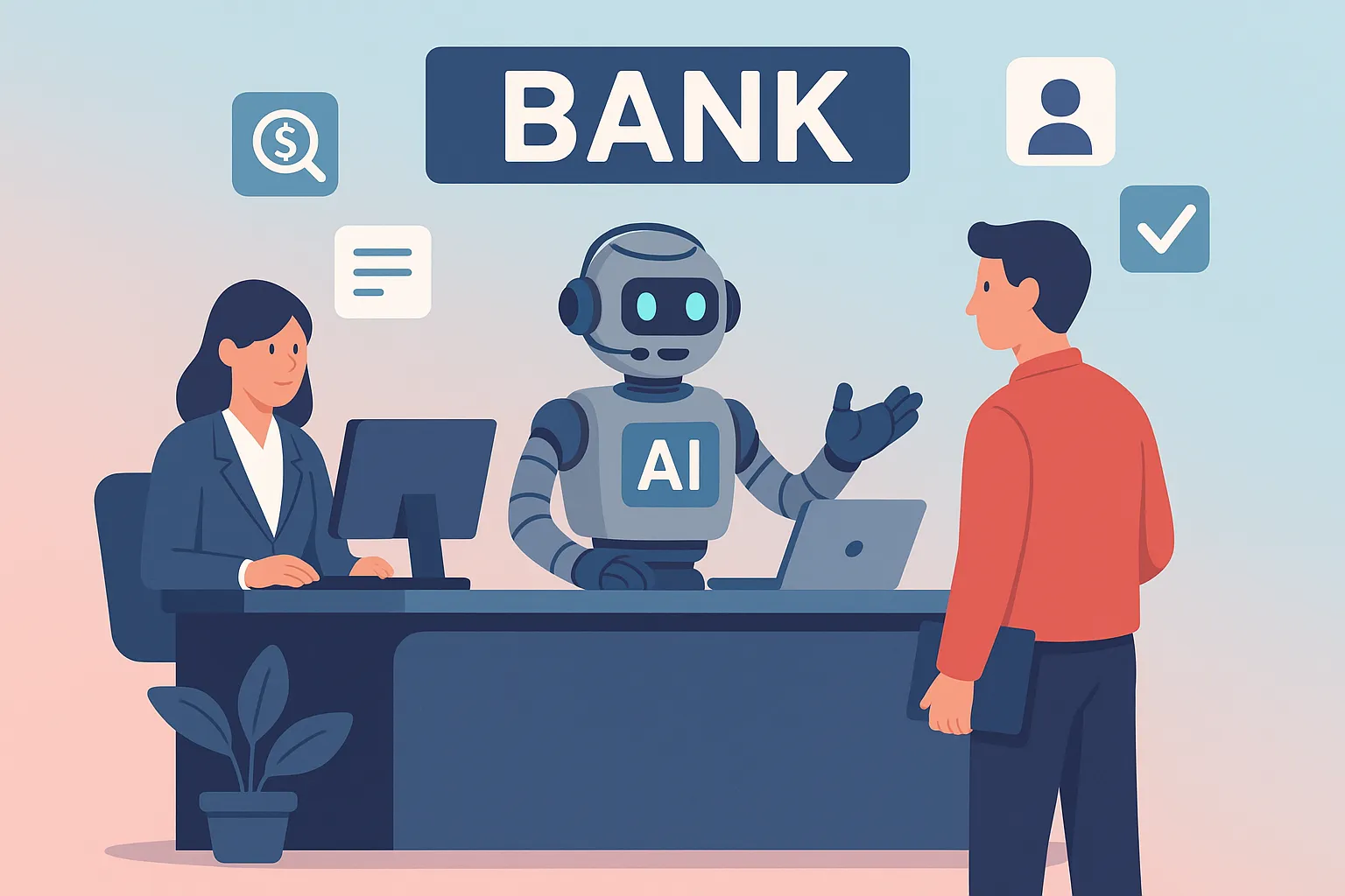 Illustration of an AI robot and a bank employee serving a customer
