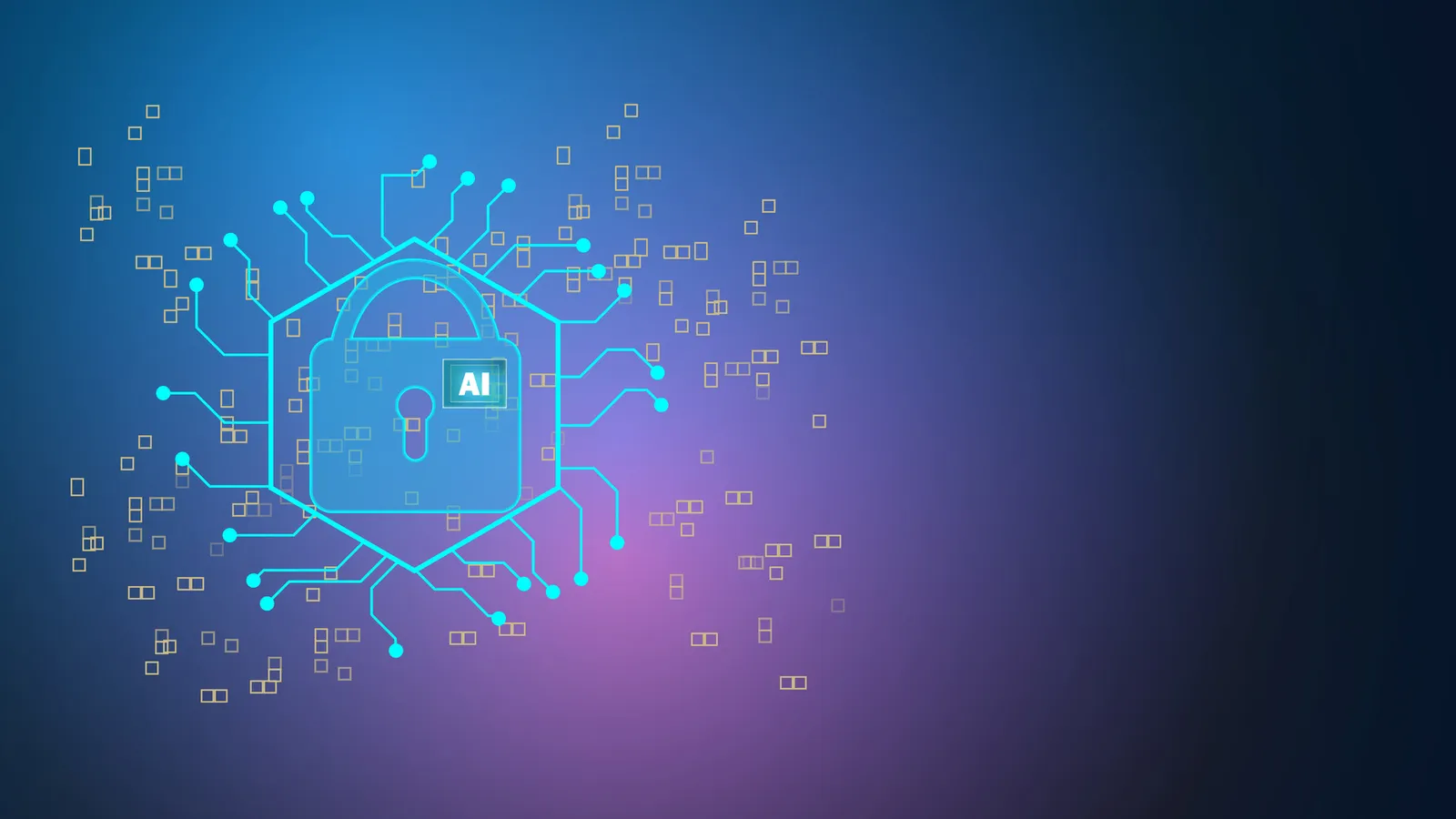 Padlock icon labeled AI on a circuit-style background