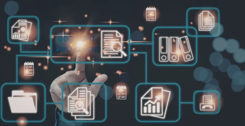 Hand touching a network of connected document icons