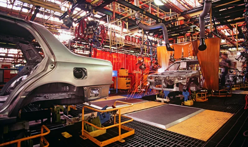 Car bodies on an automotive welding line